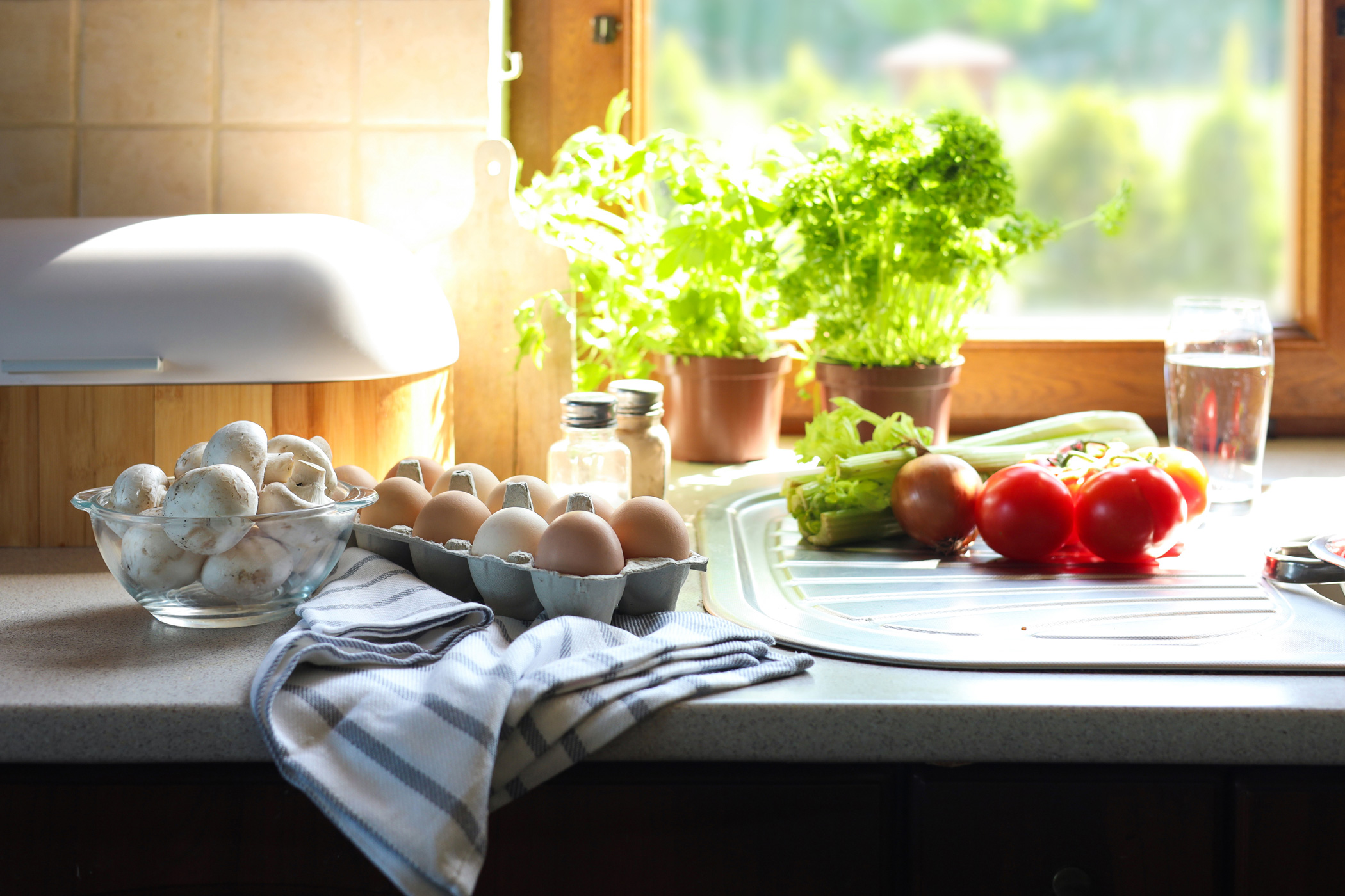 leafy greens, vegetables, and eggs in a warmly lit kitchen