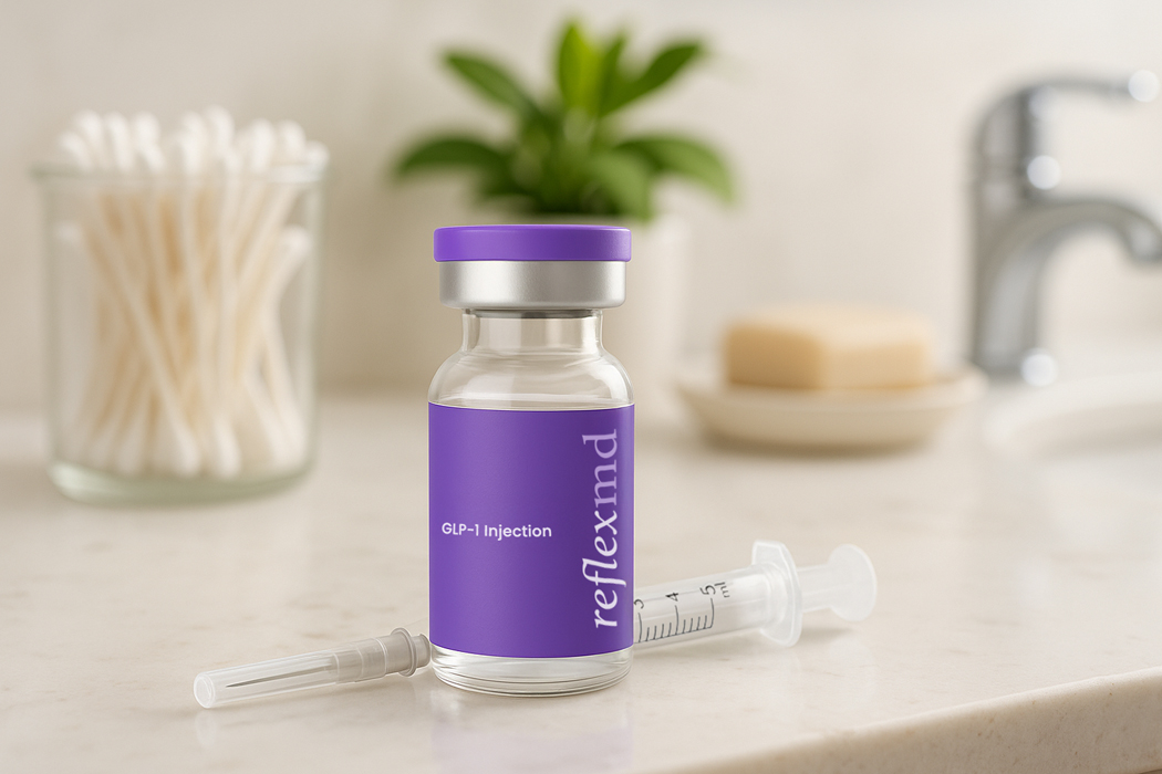 ReflexMD GLP-1 vial sitting in a clean bathroom environment