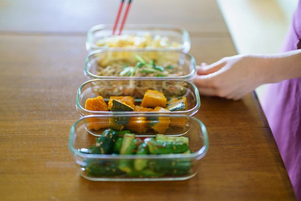 Row of meals containers, prepped for portion control